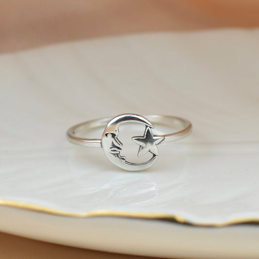 Crescent Moon and Star Ring Sterling Silver