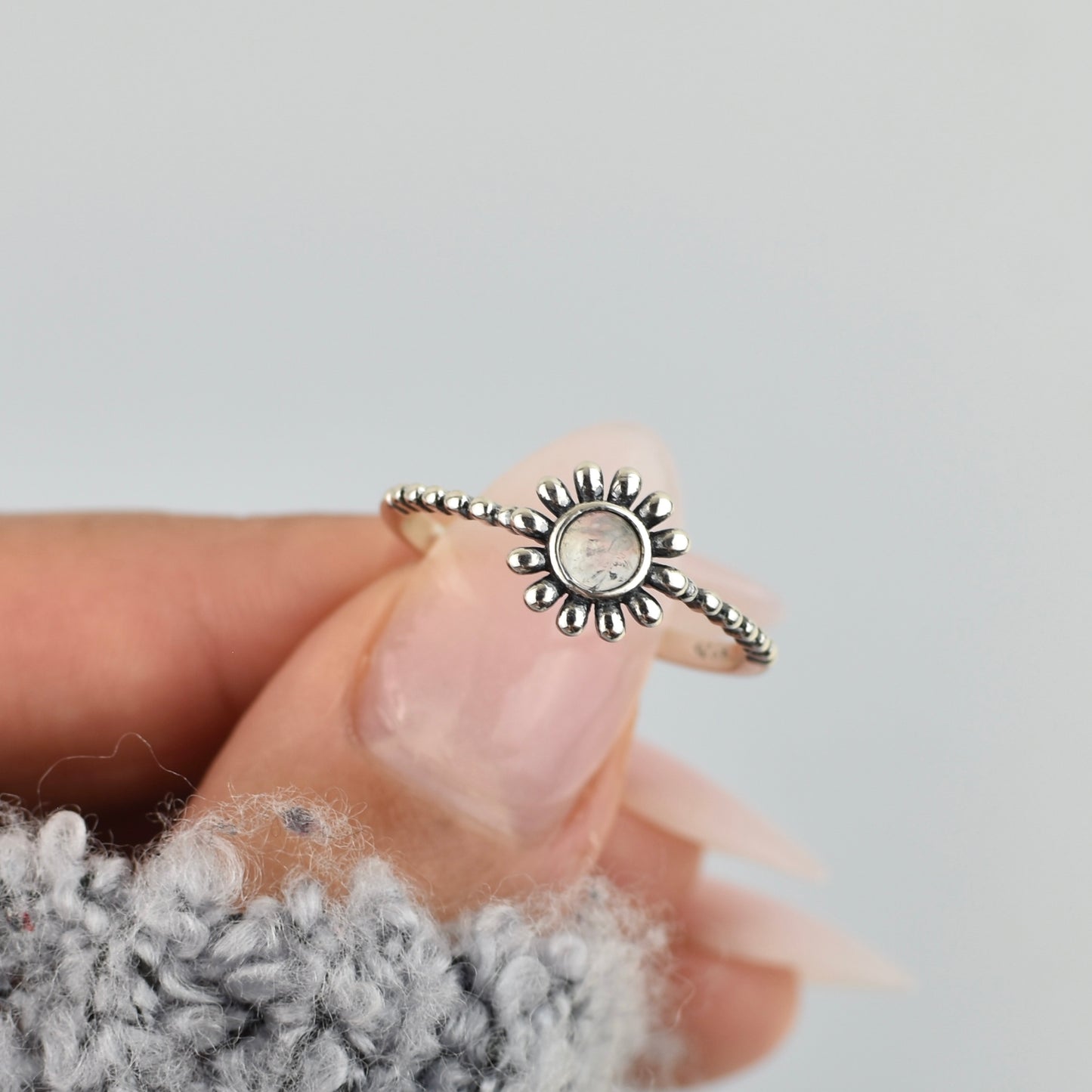 Flower Moonstone Sterling Silver Ring