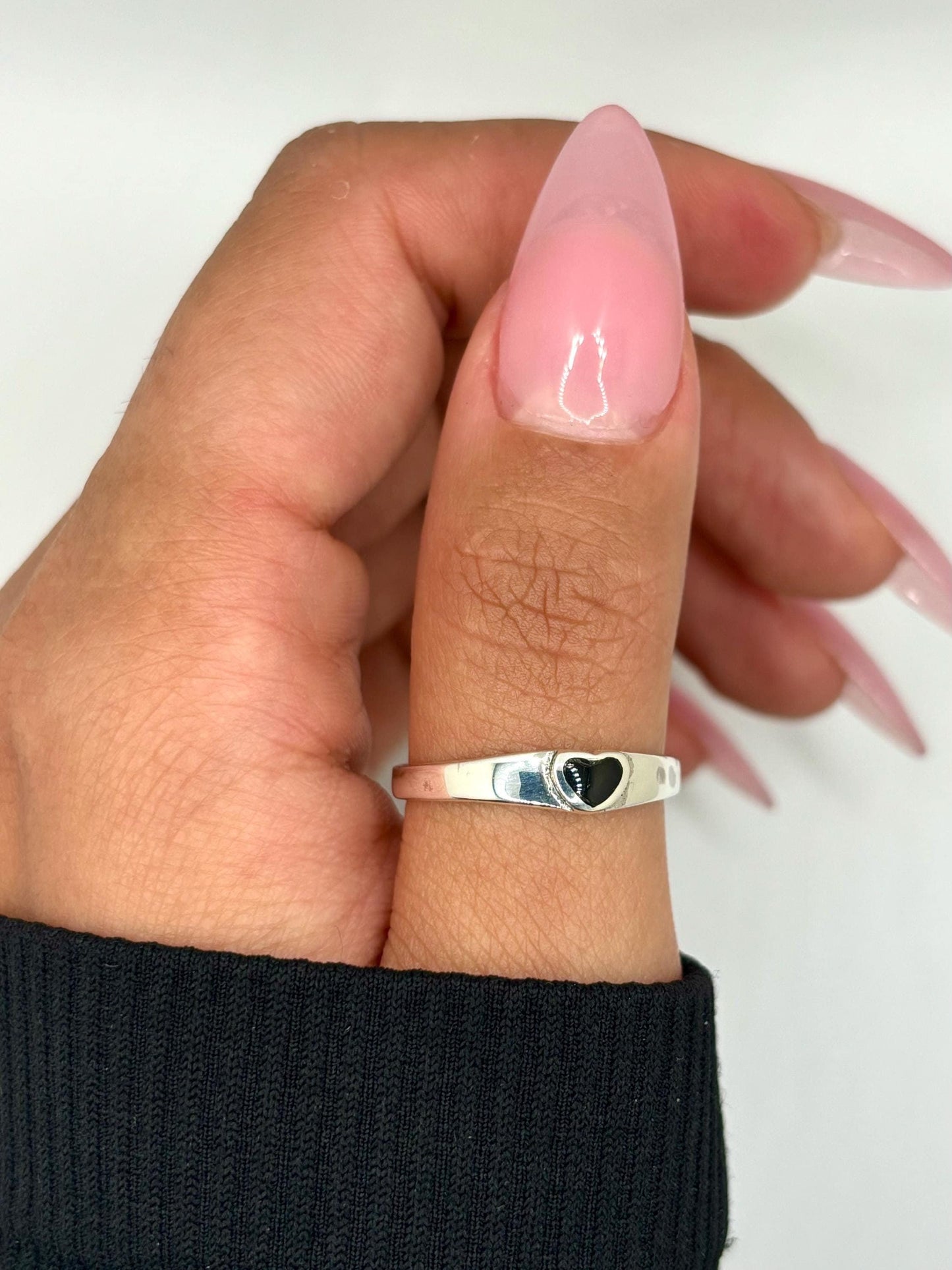 Dainty Heart Onyx Stone Sterling Silver Ring